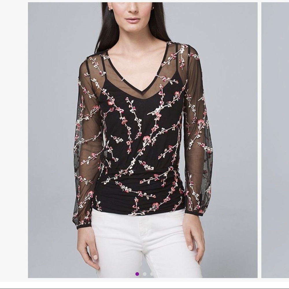 Sheer black V-neck top with floral embroidery